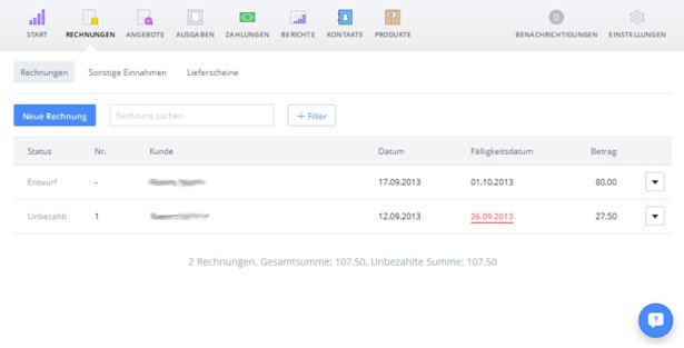 Screenshot Debitoor Übersicht Rechnungen